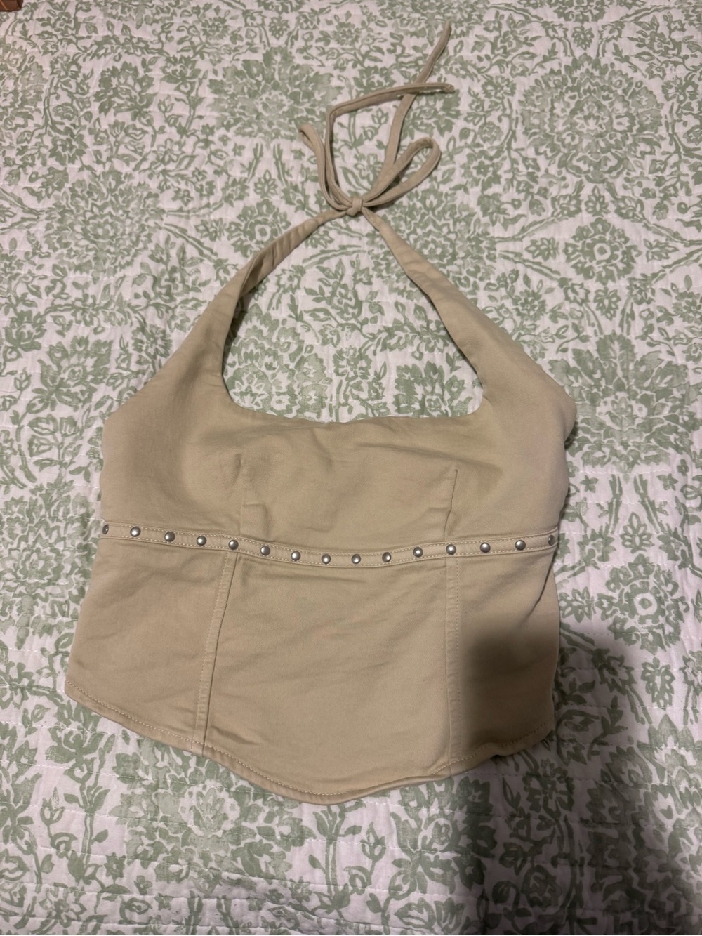 wild fable Beige Halter Crop Top with Stud Trim
